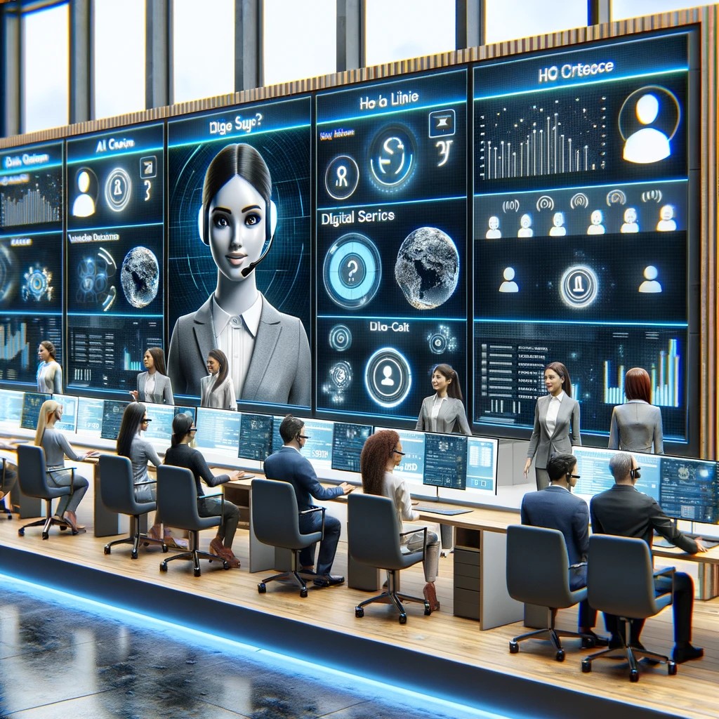 DALL·E 2024-06-04 21.00.36 - A modern customer service center with AI-powered virtual assistants on large screens, helping clients with financial queries. The center is equipped w