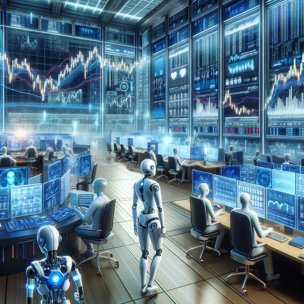 DALL·E 2024-06-04 21.00.35 - A high-tech financial trading floor bustling with activity, where both humans and robots collaborate. The scene features advanced computer terminals w