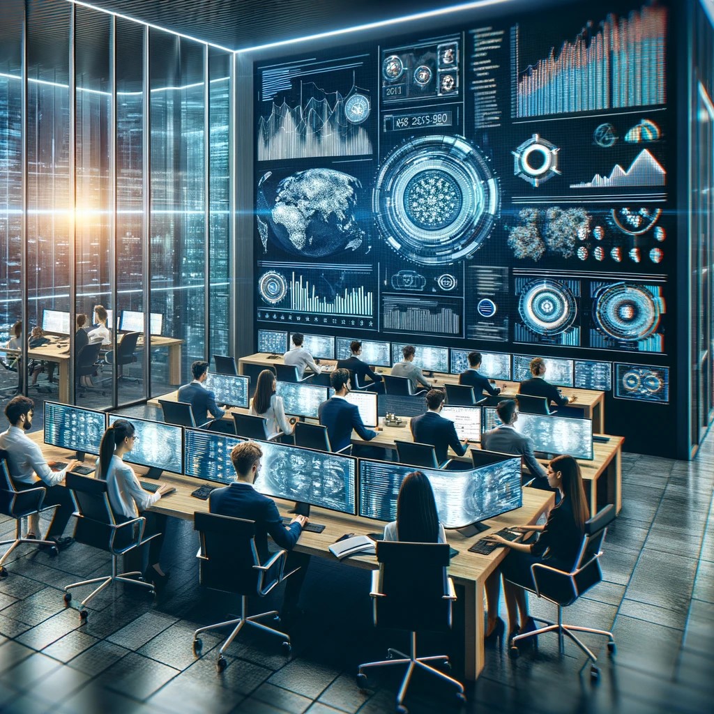 DALL·E 2024-06-04 20.41.49 - A modern financial technology office showcasing a team of developers working on a robo-advisor platform. The office is sleek and high-tech, filled wit