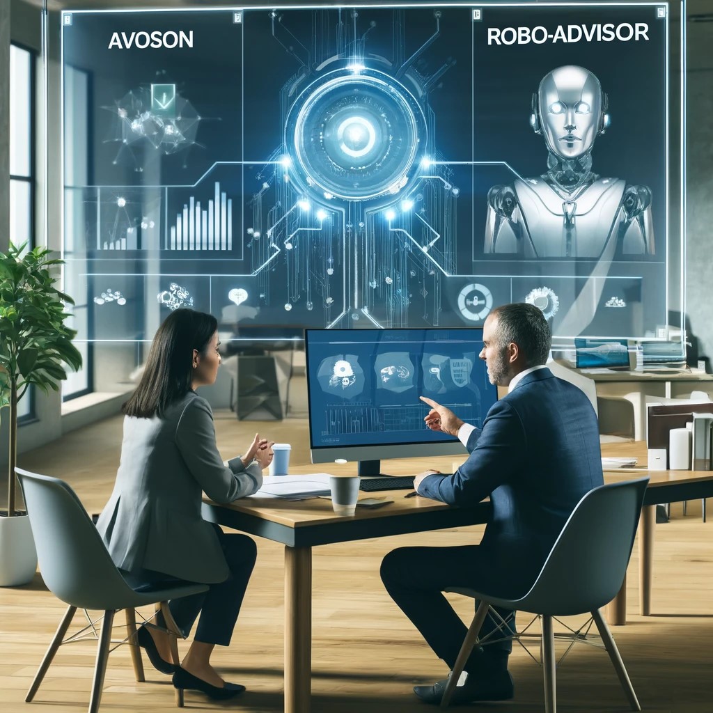DALL·E 2024-06-04 20.41.50 - A hybrid financial advisory session where a human financial advisor and a robo-advisor interface collaborate to provide personalized investment advice