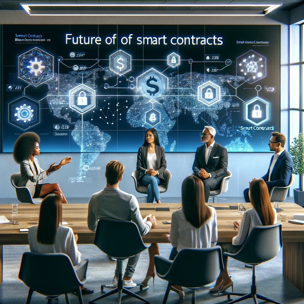 DALL·E 2024-06-06 19.54.14 - A modern financial technology conference focused on the future of smart contracts, featuring a diverse panel of experts. The panel includes a young Af