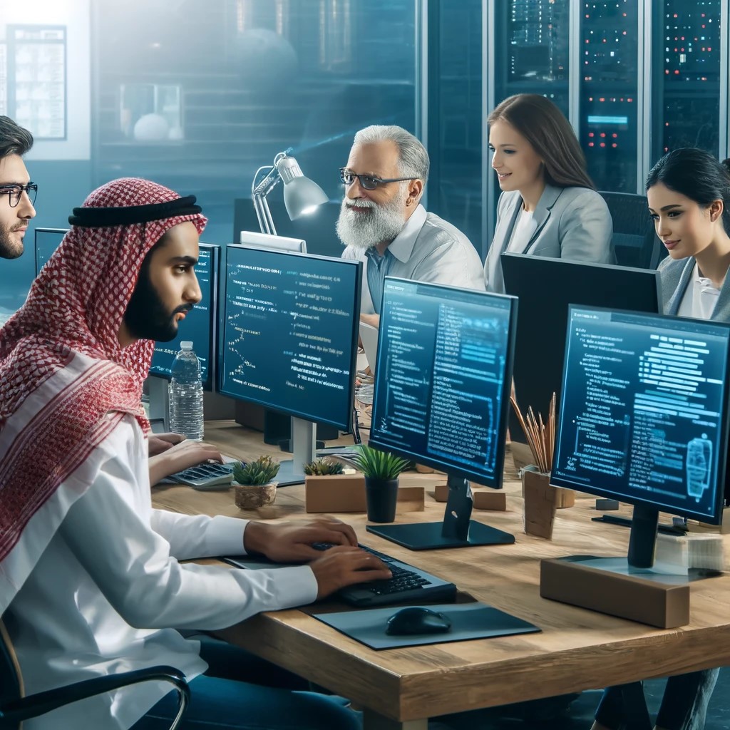 DALL·E 2024-06-06 19.54.16 - A high-tech office where a team of developers is programming and testing smart contracts for financial transactions. The diverse team includes a young