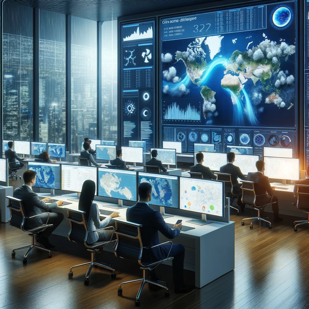 DALL·E 2024-06-04 20.45.57 - A high-tech insurance office analyzing climate data on large digital screens. The scene shows insurance analysts using advanced computer models to ass
