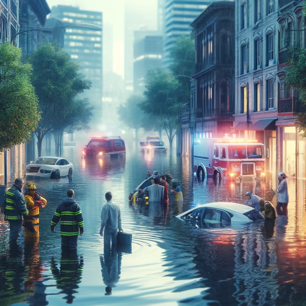 DALL·E 2024-06-04 20.45.58 - A flooded urban area with emergency services responding and insurance assessors on site. The image captures a scene of a city street submerged in wate